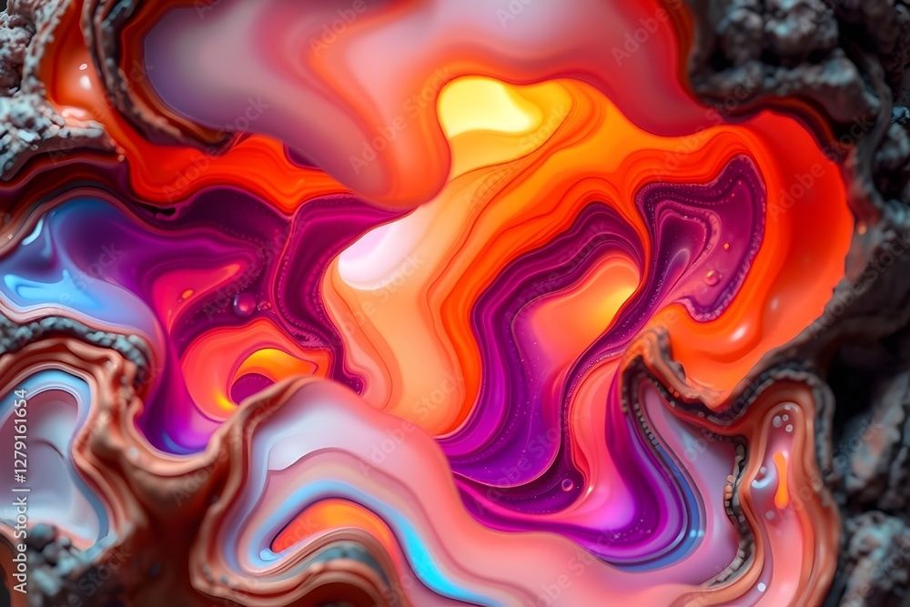 Intricate, abstract organic form resembling a smooth, glowing sculpted rock with swirling, fluid, and layered textures in deep orange, burnt purple, and shifting blues and pinks. Intricate, abstract organic form resembling a smooth, glowing sculpted rock with swirling, fluid, and layered textures in deep orange, burnt purple, and shifting blues and pinks.