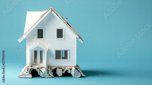 Property insurance with damage protection and compensation, damaged house model on cracked ground symbolizes property risk