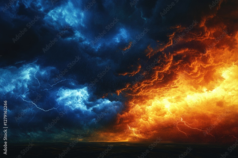 A dramatic split sky: one side a raging inferno, the other a torrential thunderstorm, both filled with lightning. A dramatic split sky: one side a raging inferno, the other a torrential thunderstorm, both filled with lightning.