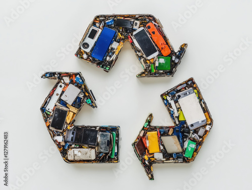 A recycling symbol made from old smartphones and other electronic devices.