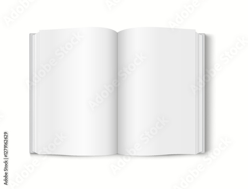 Realistic 3D mockup of an open book with blank pages, ideal for showcasing book content.