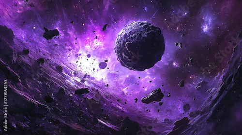Fototapeta Naklejka Na Ścianę i Meble -  A dynamic space scene unfolds with a large asteroid surrounded by space rocks, set against a backdrop of a colorful nebula, sparking a sense of galactic wonder.
