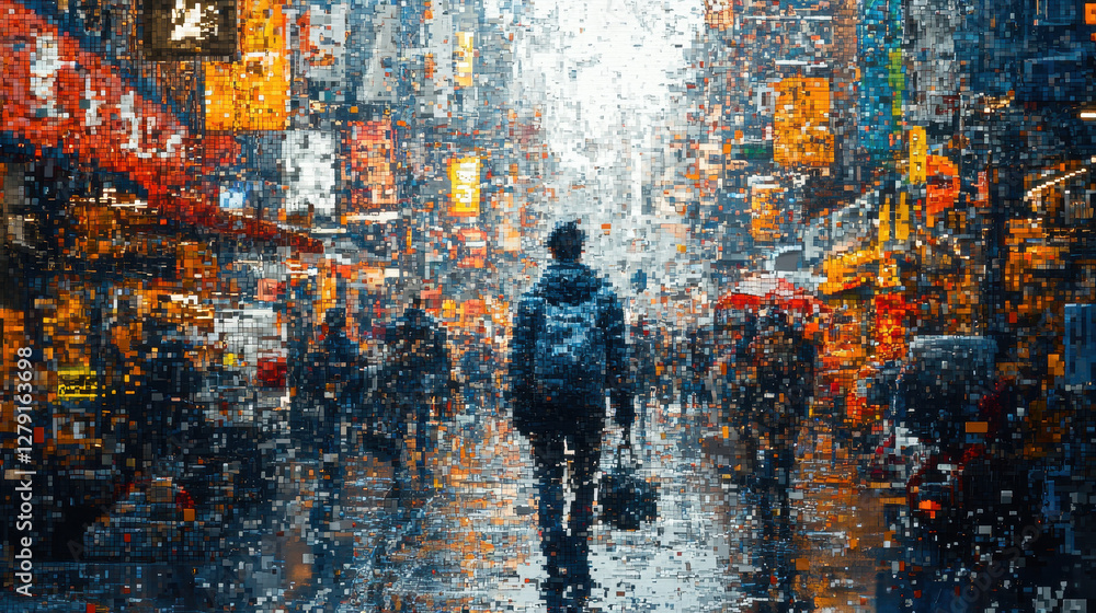 Obraz premium Glitching pixels in a vibrant street market filled with echoes of different timelines at dusk