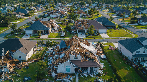 Property insurance for damage compensation and risk coverage, Hurricane damage in residential neighborhood, showing destruction