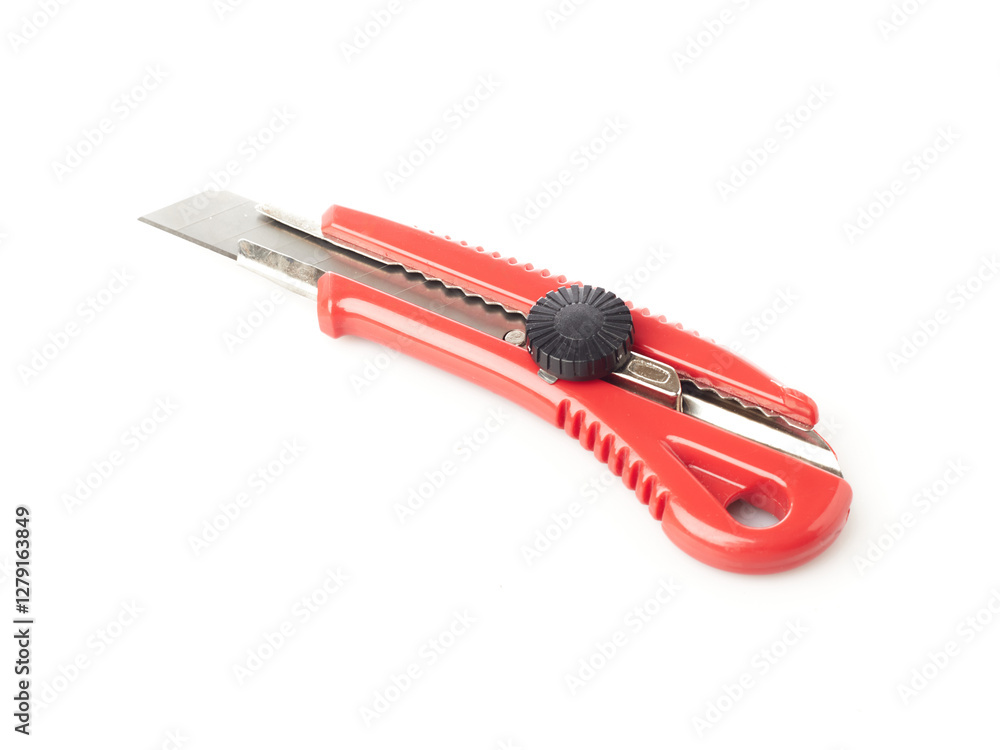 A red and silver utility cutter knife with a retractable blade sits on a plain white background, ready for use in various cutting tasks A red and silver utility cutter knife with a retractable blade sits on a plain white background, ready for use in various cutting tasks