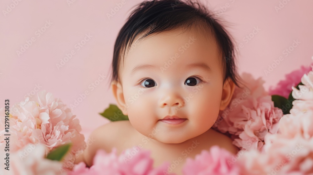 Adorable Baby Amidst Delicate Pink Flowers Adorable Baby Amidst Delicate Pink Flowers