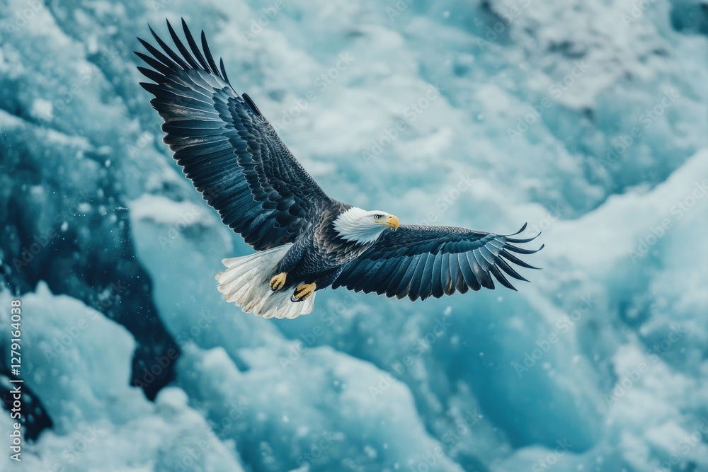 Fototapeta premium Majestic bald eagle in flight over a breathtaking icy landscape.