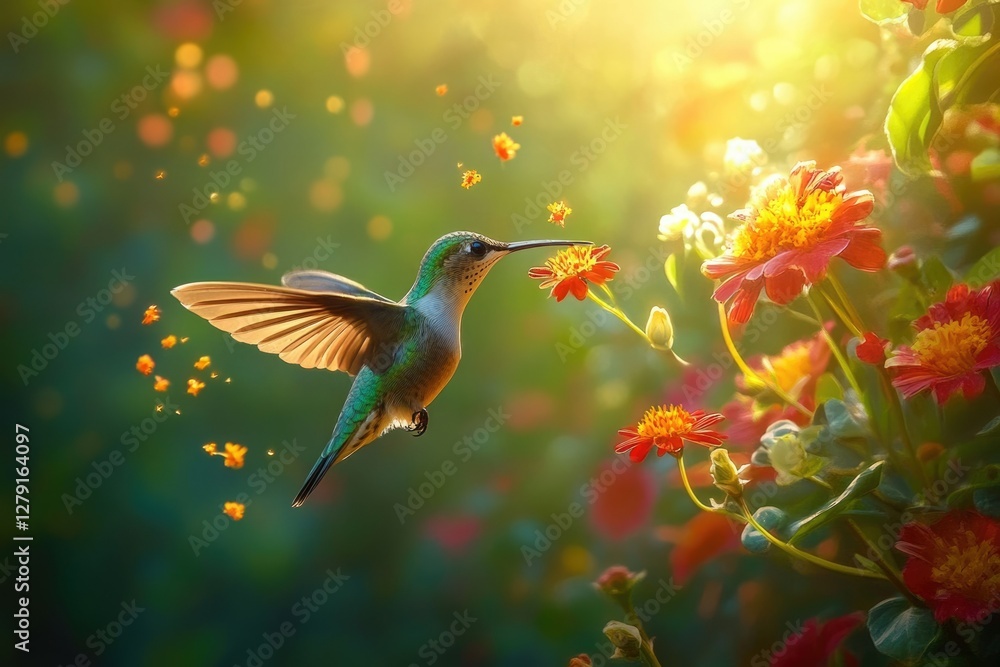 Hummingbird in flight, sipping nectar from vibrant orange flowers in a sunlit garden. Hummingbird in flight, sipping nectar from vibrant orange flowers in a sunlit garden.
