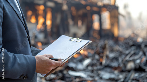 Property insurance for damage compensation and risk coverage, man assessing fire damage with clipboard in hand