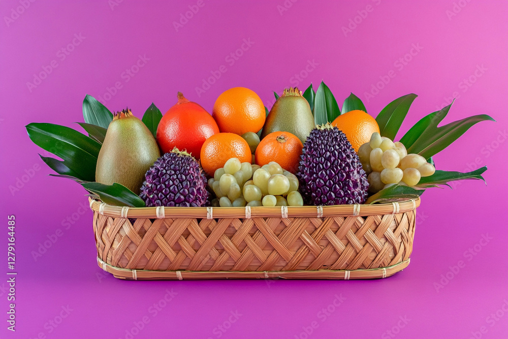 Exotic fruits artistically arranged in a woven basket on a vibrant pink background for a colorful display Exotic fruits artistically arranged in a woven basket on a vibrant pink background for a colorful display