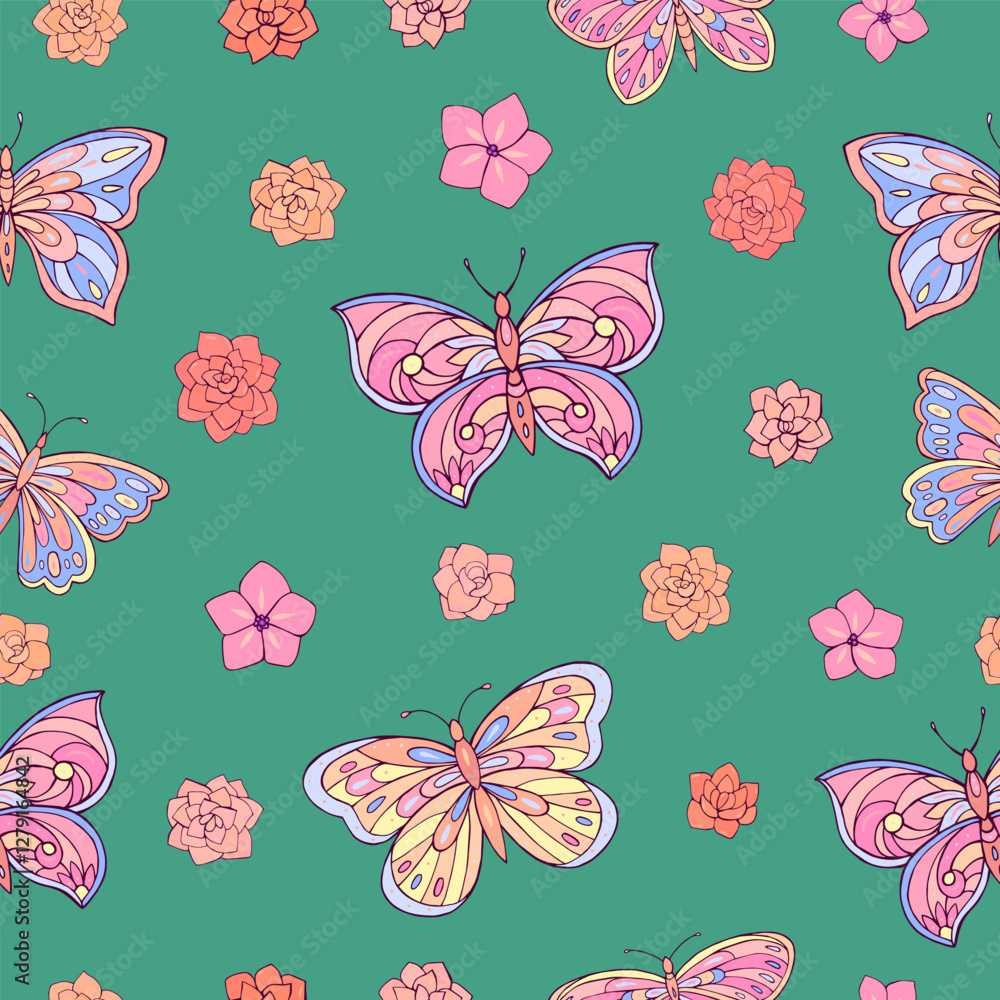 Seamless vector pattern with butterfly and flowers. Decoration print for wrapping, wallpaper, fabric, textile. Spring background.