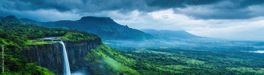 Majestic Waterfall Cascading Over Cliff Surrounded by Lush Green Forest and Mountains Under Dramatic Cloudy Sky Majestic Waterfall Cascading Over Cliff Surrounded by Lush Green Forest and Mountains Under Dramatic Cloudy Sky