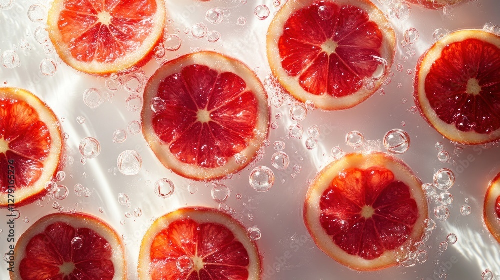 Blood oranges floating, bubbly water, sunlight, studio, beverage