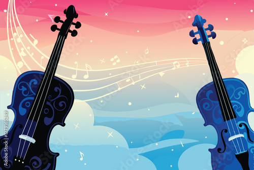 Create a surrealist image of stylized violins and flowing sheet music, seemingly floating in a soft, pastel-colored nebula.  Emphasis on elegant, dreamlike aesthetic.
