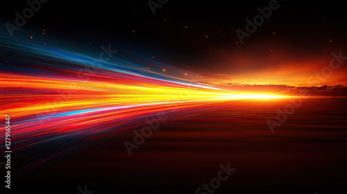 Dynamic abstract light streaks and vibrant sunset horizon for futuristic design