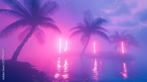 Pink Neon Lights Illuminate Tropical Palms at Dusk