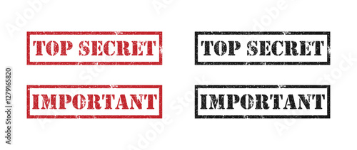 Top secret, important. Grunge style red rubber stamp.
