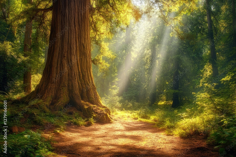Fototapeta premium Sunbeams illuminate a tranquil forest path, with a giant redwood tree standing majestically.