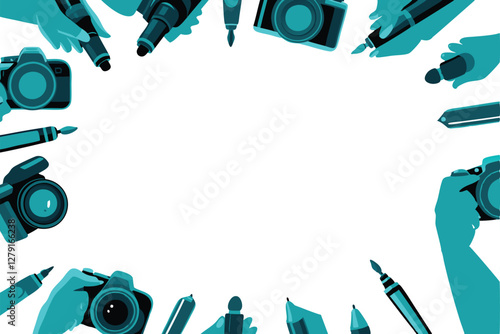Vector illustration of hands delicately holding diverse art supplies paintbrushes, pencils, sculpting tools.  Focus on the hands and tools' interplay.