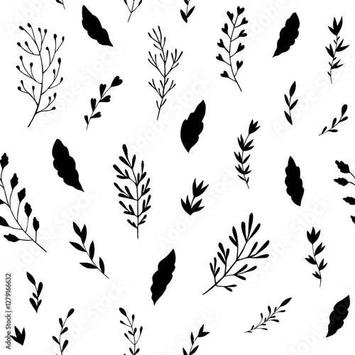 Seamless vector pattern of graphic  floral and herbal elements. Background for greeting card, website, printing on fabric, gift wrap, postcard and wallpapers. 