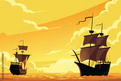 Ethereal golden sunset illuminates a fleet of vintage sailing ships on a calm sea; dramatic sky, detailed rigging, nostalgic maritime scene.