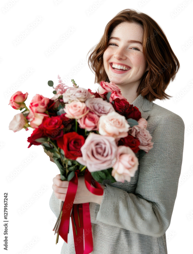 PNG Laughing australian woman wearing light beige tweed dress embrace pink and red roses bouquet photography flower happy. PNG Laughing australian woman wearing light beige tweed dress embrace pink and red roses bouquet photography flower happy.