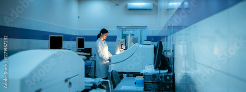 Bilde på lerret A scientist works with high-tech equipment in a modern laboratory, analyzing biological material and conducting experiments