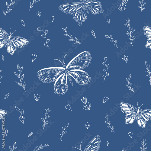Seamless vector pattern with butterfly and floral elements. Decoration print for wrapping, wallpaper, fabric, textile. 