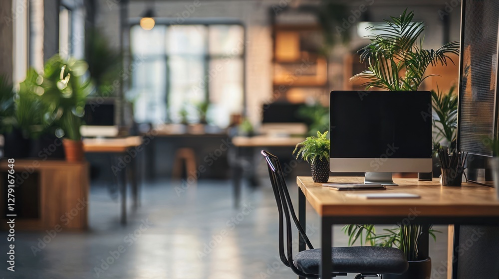 Fototapeta premium Modern Office Workspace with Plants and Computer