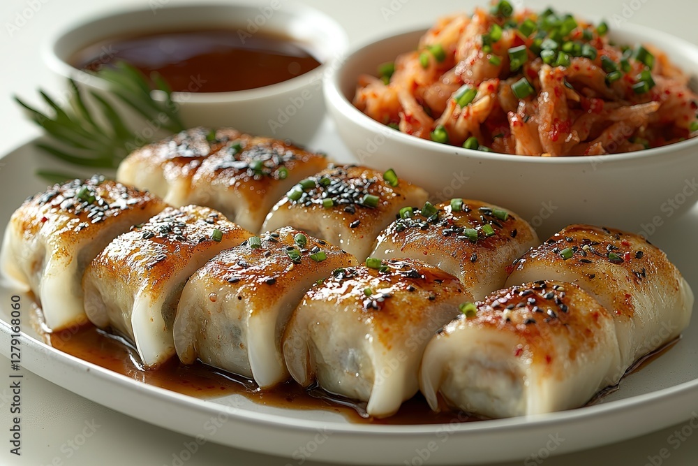 Pan-fried dumplings with kimchi Delicious food presentation A culinary delight showcasing Asian-inspired flavors and textures Pan-fried dumplings with kimchi Delicious food presentation A culinary delight showcasing Asian-inspired flavors and textures