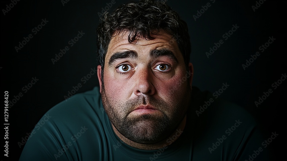 Close-up portrait of a pensive man against a dark background. His expression is a mix of contemplation and slight concern. Close-up portrait of a pensive man against a dark background. His expression is a mix of contemplation and slight concern.