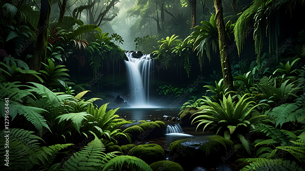 Lush Waterfall Cascading Through a Dense Tropical Rainforest Lush Waterfall Cascading Through a Dense Tropical Rainforest