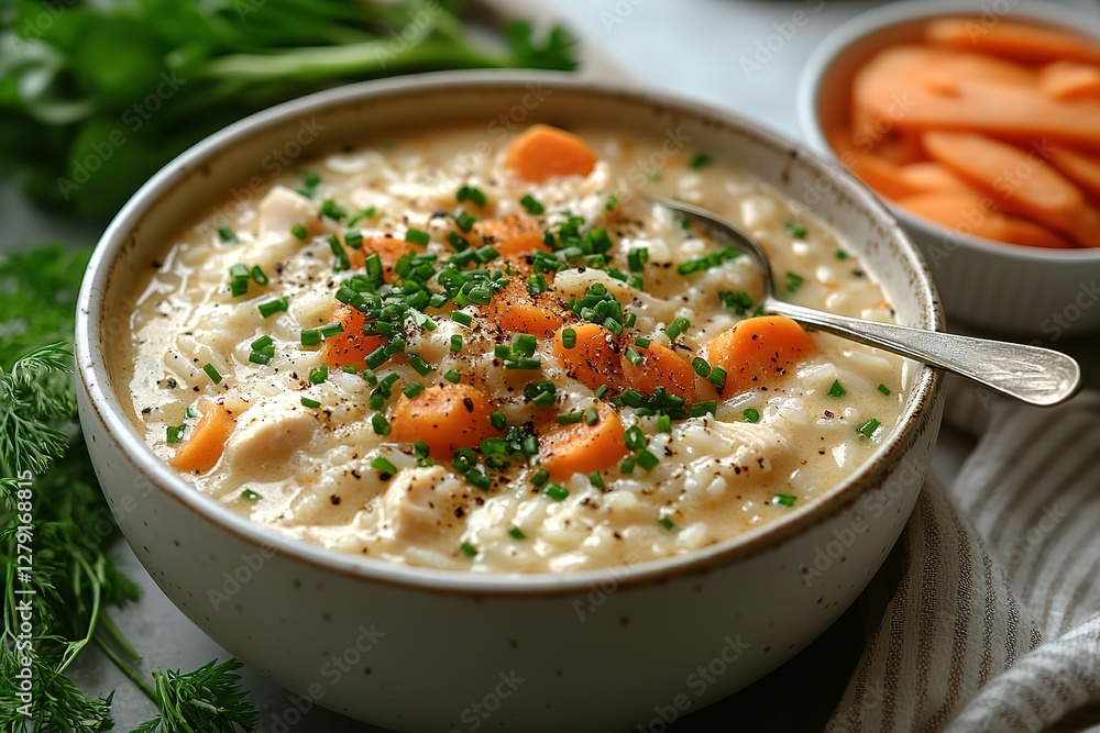 A hearty bowl of creamy chicken and rice soup garnished with fresh chives and carrots for a comforting meal A hearty bowl of creamy chicken and rice soup garnished with fresh chives and carrots for a comforting meal