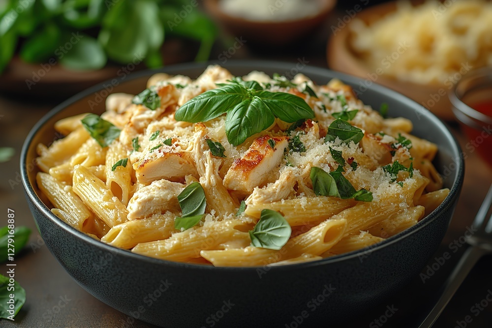 A delicious bowl of penne pasta with grilled chicken grated cheese and fresh basil ready to be enjoyed Creamy and flavorful comfort food A delicious bowl of penne pasta with grilled chicken grated cheese and fresh basil ready to be enjoyed Creamy and flavorful comfort food