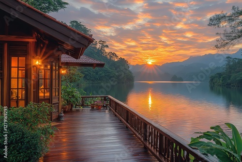 Lakeside retreat with breathtaking sunrise views Peaceful escape in nature's embrace Tranquility by the water's edge