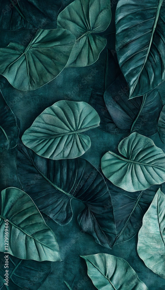 Fototapeta premium An arrangement of large alocasia leaves displaying shades of teal