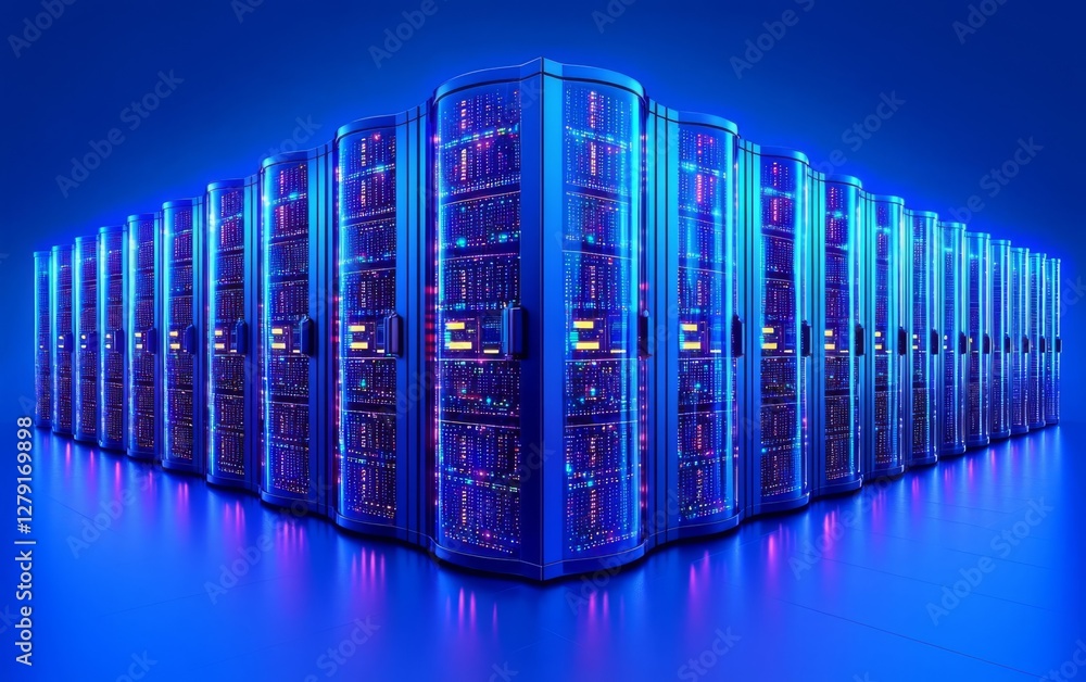 Obraz premium Futuristic server room with illuminated racks and advanced technology.