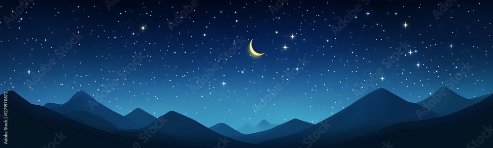 Obraz premium Dreamy cartoon night sky featuring glowing stars and a crescent moon in a whimsical scene.