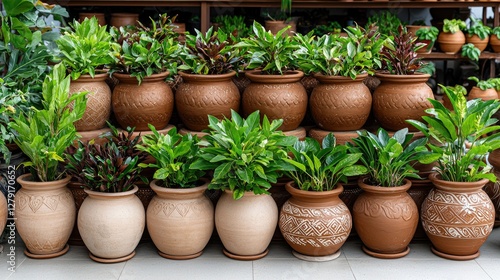 Clay pots with plants, indoor market display. Possible use Home d?cor, gardening inspiration photo