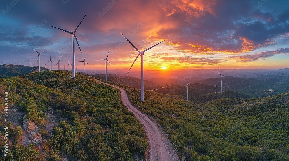 Majestic sunset over wind turbines on a hillside, renewable energy, scenic landscape, aerial view. Majestic sunset over wind turbines on a hillside, renewable energy, scenic landscape, aerial view.