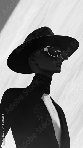 Elegant monochrome portrait of a model in chic sunglasses and a hat photo