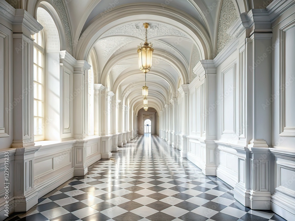 Obraz premium Empty White Hallway AI Art - Classic Architecture, Rule of Thirds