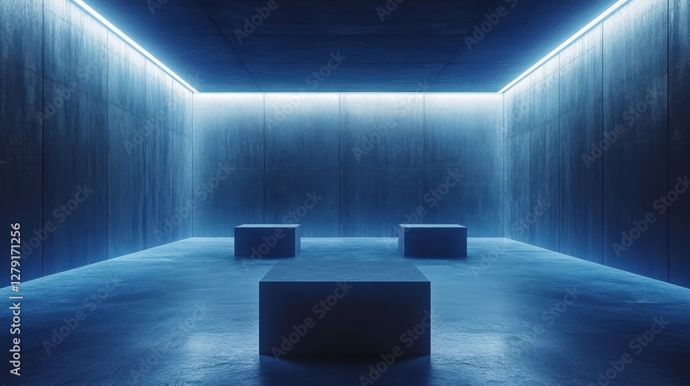 Blue-lit concrete room, three platforms, futuristic backdrop, product display Blue-lit concrete room, three platforms, futuristic backdrop, product display