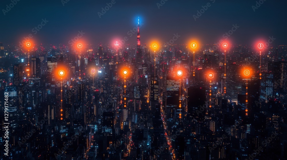 Fototapeta premium Night cityscape illuminated, showcasing interconnectedness via glowing digital nodes, representing global network & smart city technology.