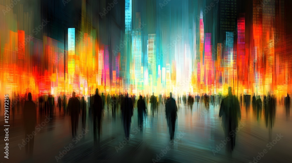 Vibrant Cityscape Painting with Silhouetted Crowd and Colorful Building Lights at Night Vibrant Cityscape Painting with Silhouetted Crowd and Colorful Building Lights at Night