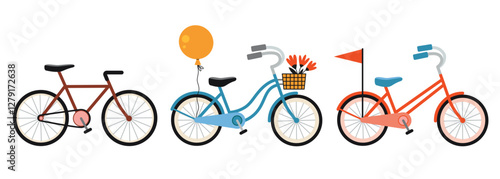 Set with various bicycles. Classic road bike, vintage cruiser with a basket and cute kids bike with a flag. Eco friendly transport concept. Modern isolated vector illustration, hand drawn, flat design