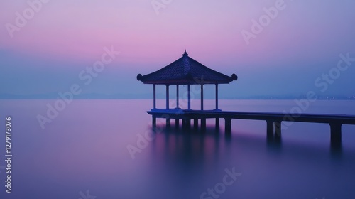 Serene Pavilion Over Calm Waters At Dusk