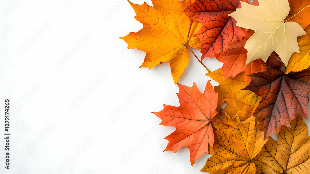 Fototapeta premium Autumn maple leaves on white background; fall design
