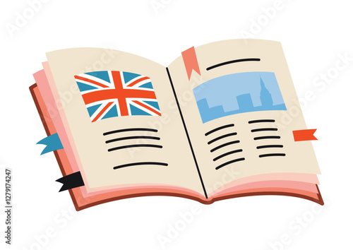 Cute open school textbook with UK flag. English language learning and education course concept. Trendy modern vector illustration isolated on white background, hand drawn, flat design