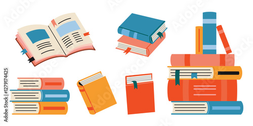 Set with hardcover paper Books in various positions, including open, stacked, and single. Concept of reading, learning and education. Trendy modern vector illustration isolated on white, flat design